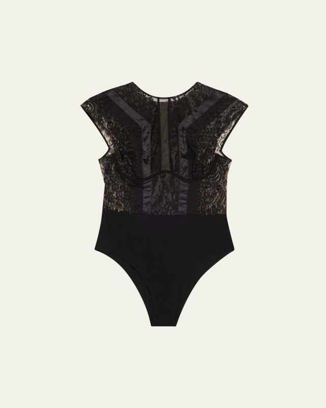 Macy Cap-Sleeve Lace & Satin Bodysuit